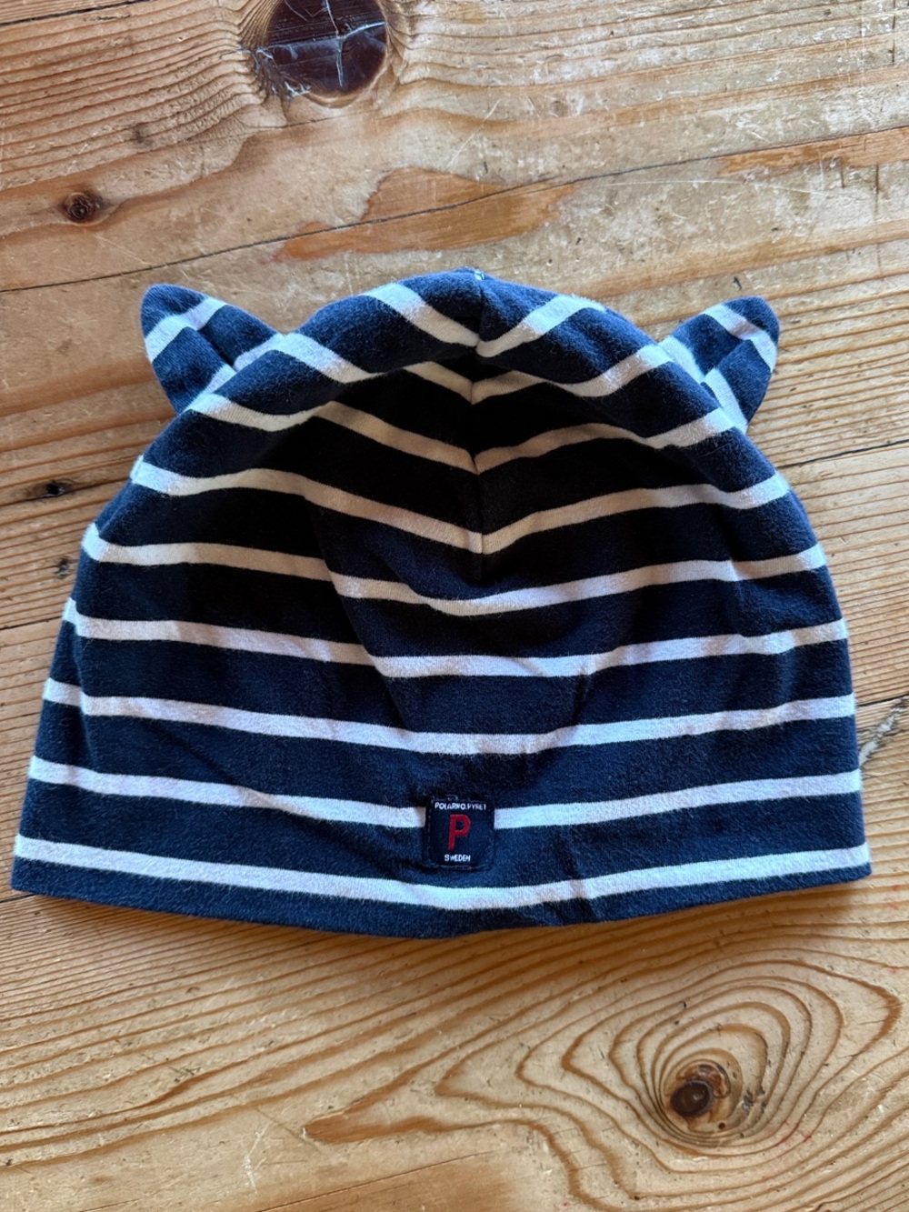 Polarn O. Pyret Navy & White Striped Kids Beanie with Ear Accents